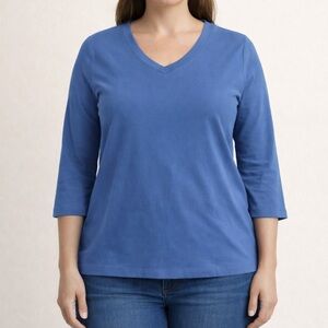 Kim Rogers 100% Cotton 3/4 Sleeve V-Neck Top — Soft Blue Casual Shirt XL